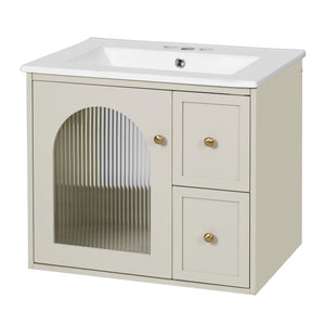 English Elm 24" Modern Wall-Mount Bathroom Vanity with Ceramic Sink, Glass Door Cabinet, 2 Drawers, Soft-Close Beige N710P286704Y