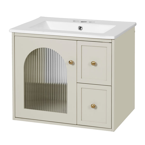 English Elm 24" Modern Wall-Mount Bathroom Vanity with Ceramic Sink, Glass Door Cabinet, 2 Drawers, Soft-Close Beige N710P286704Y
