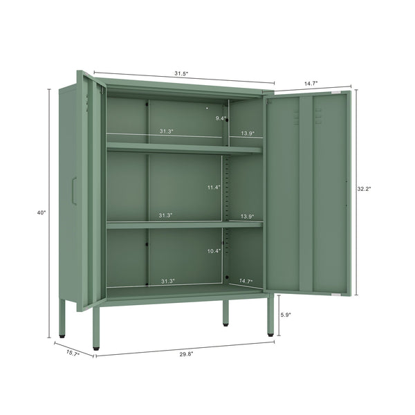 English Elm Naomi Metal Accent Cabinet 32" — Ventilated Double-Door Steel Storage with Adjustable Shelves, Modern Stability Sage Green B365P397887