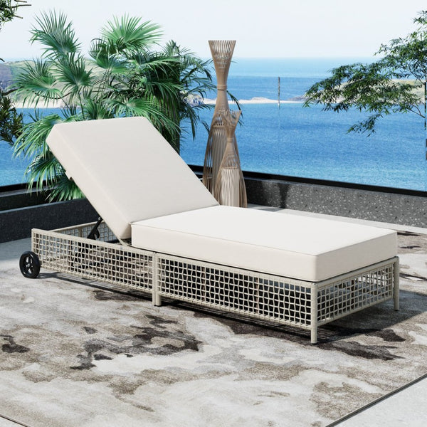 English Elm Trexm Outdoor Pe Rattan Chaise with Adjustable Backrest Cushion and Wheels for Poolside Beige,Creamy White N715P207900K