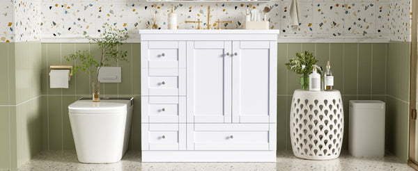 English Elm 36 Inch Shaker Bathroom Vanity with Resin Sink Four Soft Close Drawers Mdf Cabinet White N729P000028K