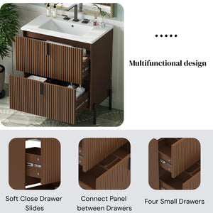 English Elm Christopher Knight Home® - 30" Elegant Freestanding Bathroom Vanity With Glossy Ceramic Sink, Soft-Close Drawers & Fluted Design N817P288931D
