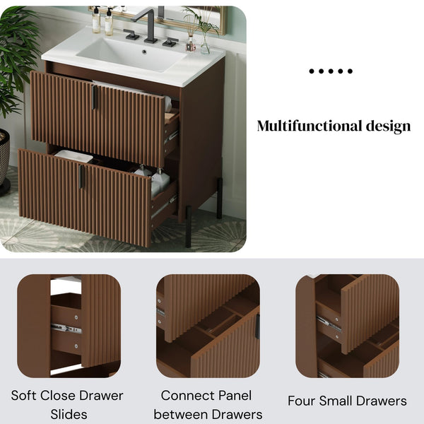 English Elm Christopher Knight Home® - 30" Elegant Freestanding Bathroom Vanity With Glossy Ceramic Sink, Soft-Close Drawers & Fluted Design N817P288931D