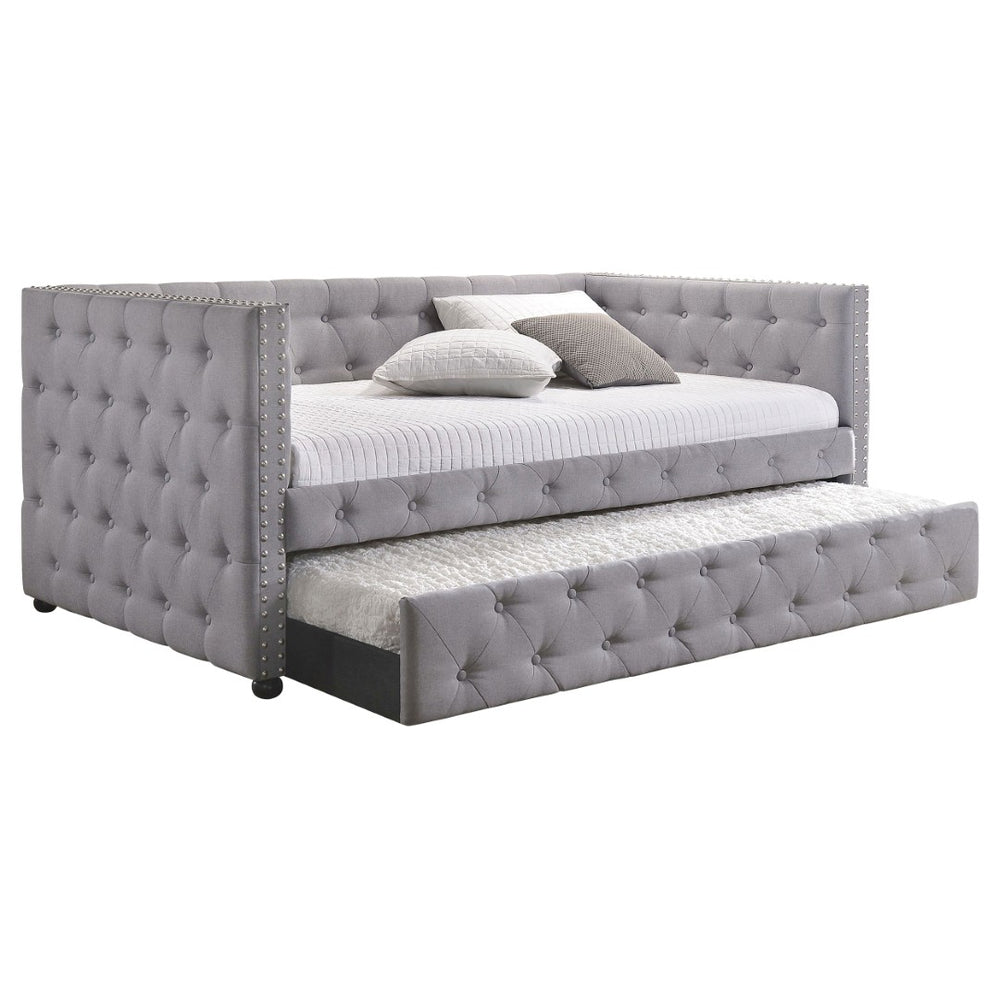 English Elm Cross Creek Tufted Grey Fabric Twin Daybed with Trundle for Guest Rooms B062S01615
