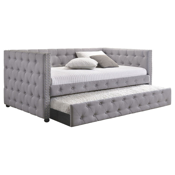 English Elm Cross Creek Tufted Grey Fabric Twin Daybed with Trundle for Guest Rooms B062S01615