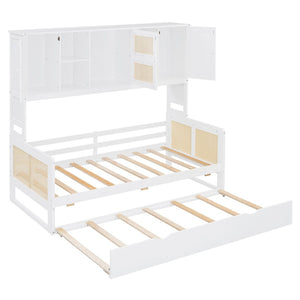 English Elm Twin Size Wooden Daybed With Trundle, Integrated Storage Cabinet & Modern White Finish For Space-Saving N820S00048K-GIGA
