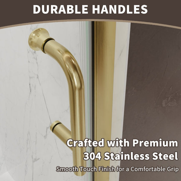 English Elm 34-36 in Frameless Pivot Shower Door Clear Tempered Glass with Brushed Gold Hardware W637P400612