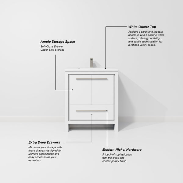 English Elm White Single Bath Vanity 30" W x 20" D with White Quartz Top, Gun Metal Faucet & 28" Mirror — Durable Vanity B2731S02057