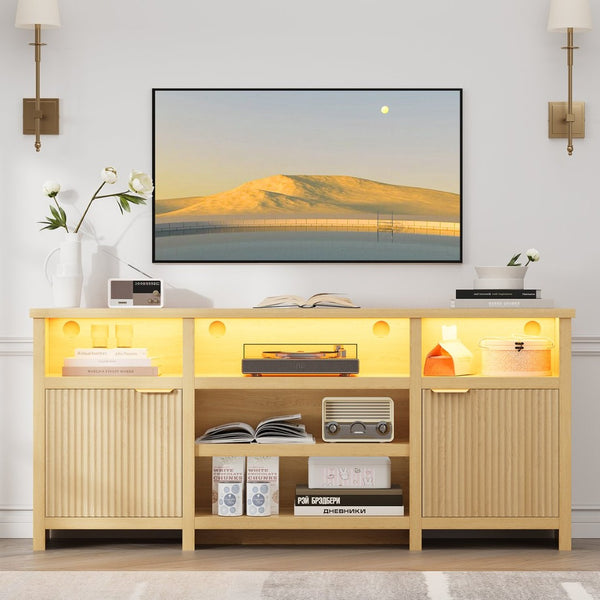 English Elm Highboy Media Console with Led Lighting Fluted Panels and Storage for Living Room T3773P416497