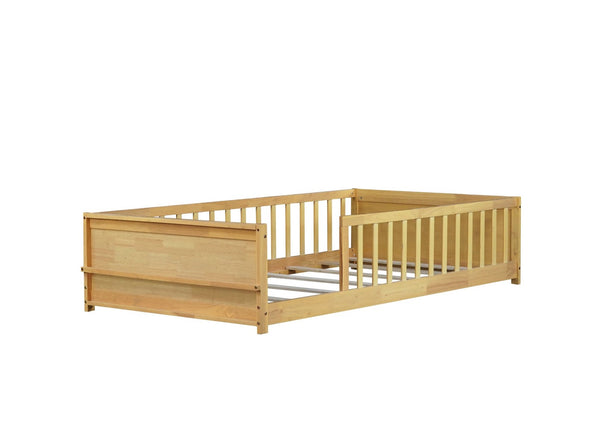 English Elm Twin Floor Platform Bed With Book Rack & Fence, Durable Natural Finish For Cozy Kids' Rooms W504P345766-GIGA