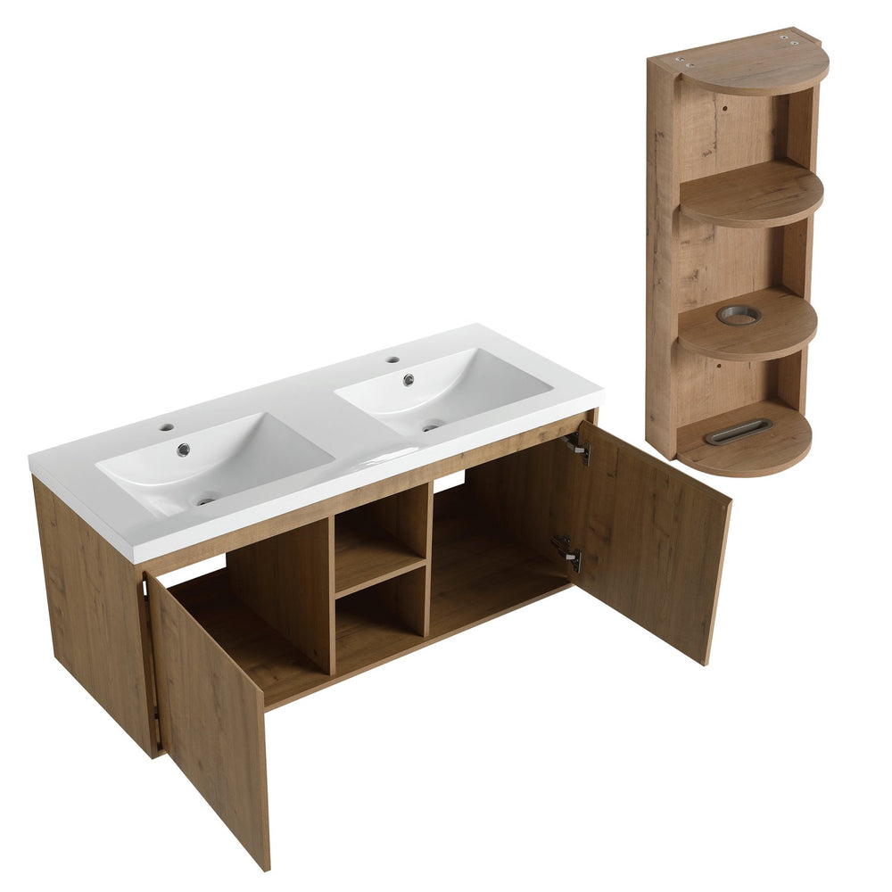 English Elm 48" Wall-Mounted Bathroom Vanity With Double Sink, Soft-Close Doors & Storage Rack For Modern Homes W999S00346