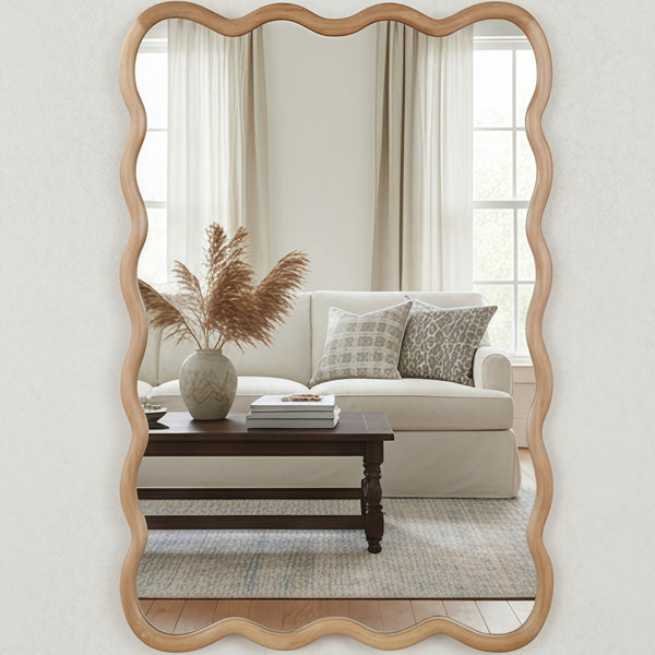 English Elm Natural Wood Wavy Rectangle 24"x36" Solid Wood Frame Mirror – Rustic Boho Wall Mirror for Home W2203P388997