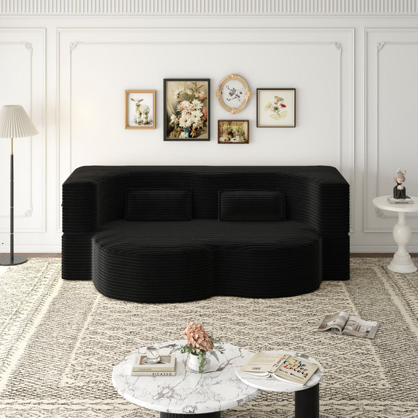 English Elm Modern Full Size Folding Sofa Bed with Plush Corduroy, 2 Pillows, 15" Foam Mattress, No Assembly Required Black W1885P347089