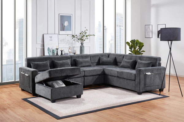 English Elm Trevi Chenille Sectional Sofa with Tufted Seats Charging Ports and Storage Ottoman B2749S00251