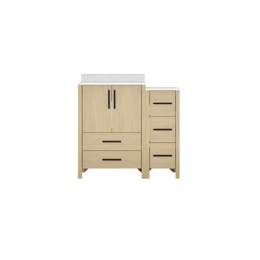 English Elm 108"w×22"d×34"h Freestanding Double Sink Vanity with White Countertop Soft Close T3785S00001