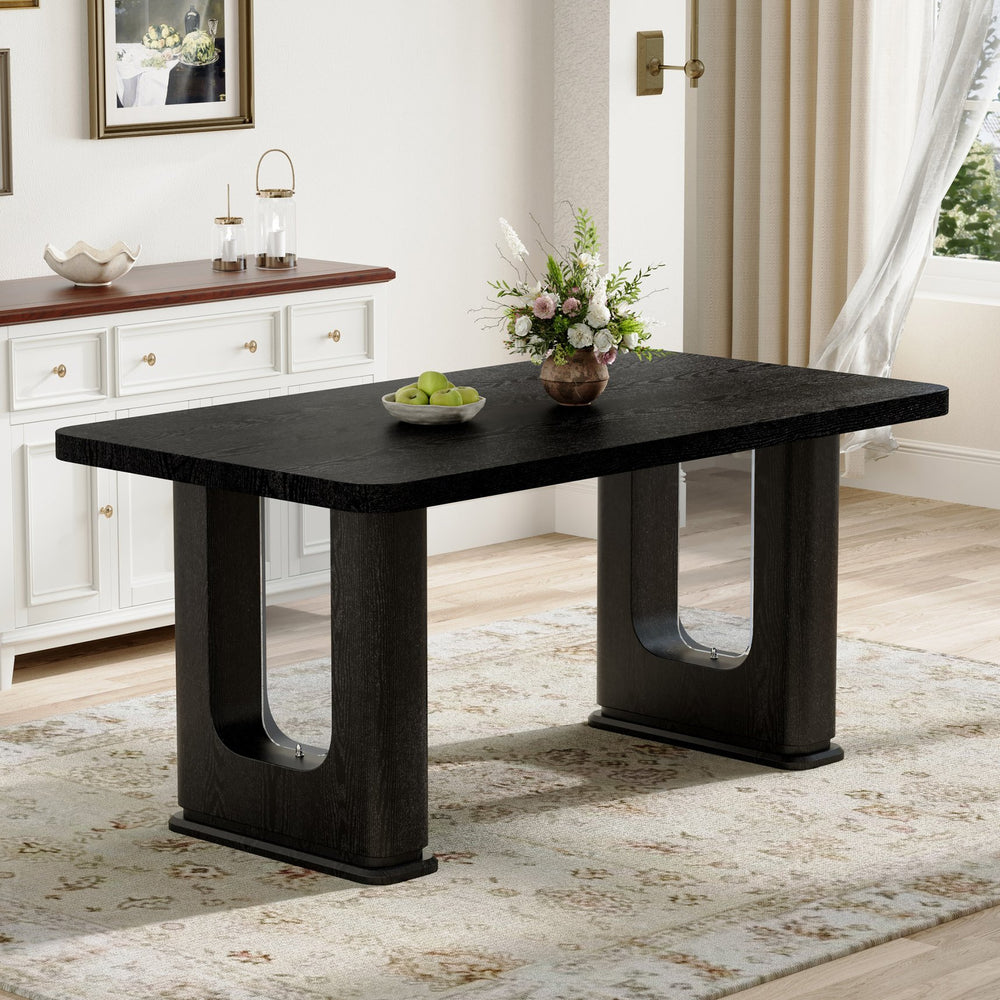 English Elm 64.5 Inch Black Wood Grain Textured Dining Table with Gray Glass Inlay, Robust 1.7" MDF Top, Sleek Design W1151S04297