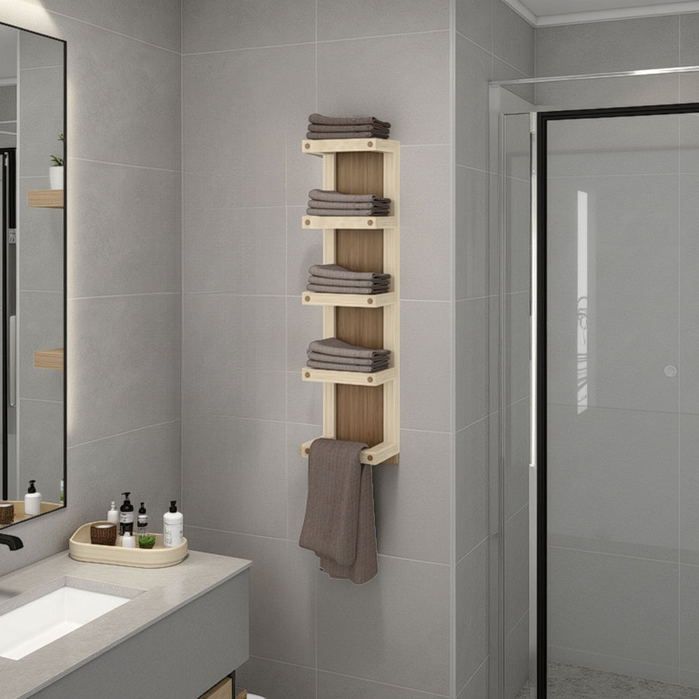 English Elm Natural Oak Slim 5-Tier Wall Towel Rack with Shelf — Space-Saving Vertical Organizer for Small Baths B062P389909