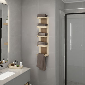 English Elm Natural Oak Slim 5-Tier Wall Towel Rack with Shelf — Space-Saving Vertical Organizer for Small Baths B062P389909