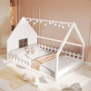 English Elm Full House Bed Frame with Window & Fence Playhouse Design, Sturdy Pine/MDF, Safe 400lb Capacity White N709P215545K
