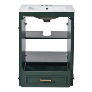 English Elm 24'' Bathroom Vanity with Ceramic Sink Combo Modern Freestanding MDF Cabinet with Soft-Close Doors and Sleek Silver Handles for Spacious Organized Bathroom Storage Green N710P194893F
