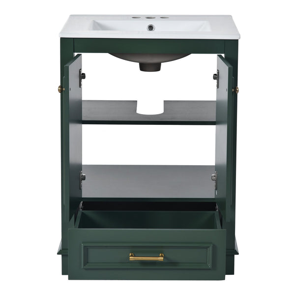 English Elm 24'' Bathroom Vanity with Ceramic Sink Combo Modern Freestanding MDF Cabinet with Soft-Close Doors and Sleek Silver Handles for Spacious Organized Bathroom Storage Green N710P194893F