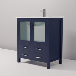 English Elm Navy Blue Bath Vanity 30” W, Contemporary White Ceramic Top & Chrome Faucet Set For Stylish Storage B2731P260511