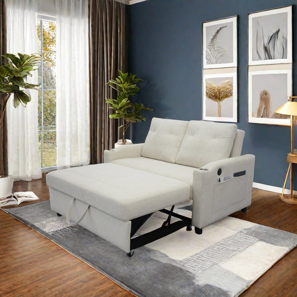 English Elm 1 Versatile Foldable Sofa Bed in Beige Velvet – 3-Length Convertible Pull-Out with USB, Storage, Swivel Phone Stand and Ashtray W1183S00014