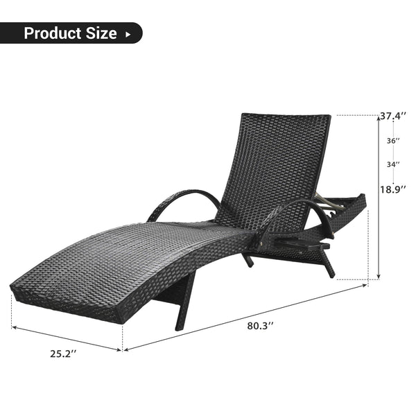English Elm K&K 80" Outdoor Wicker Chaise Lounge Set of 2 with 2000H UV Wicker, Pull-Out Side Table, 4-Position Recliner Black WF321204AAB