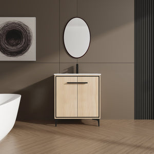 English Elm 30 Inch Oak Bathroom Vanity Base with Basin, Engineered Wood Double-Door Cabinet, Modern Storage W1972S00004