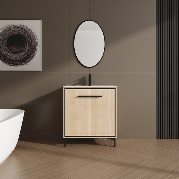 English Elm 30 Inch Oak Bathroom Vanity Base with Basin, Engineered Wood Double-Door Cabinet, Modern Storage W1972S00004