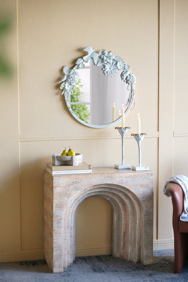 English Elm 32.3x14.2x29.9" Arched Sculptural Console Faux Travertine Stone Entryway Table W2078P442934