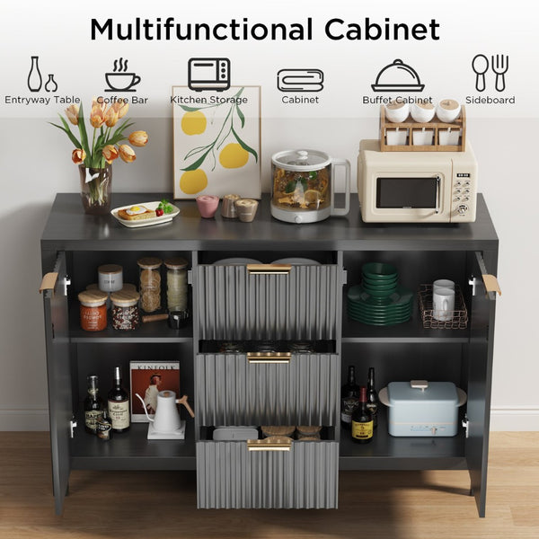 English Elm Sideboard Fluted Credenza with Three Drawers Two Doors Matte Black Modern Storage T3773P417341