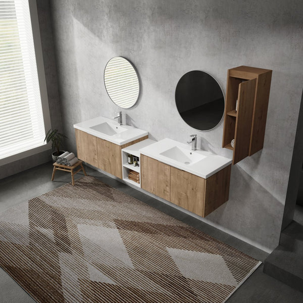 English Elm 84" Wall-Mounted Bathroom Vanity With Soft-Close Doors & Resin Sinks - Modern Storage Solution! W999S00230