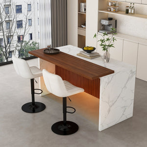 English Elm 63" Modern Kitchen Island Set With 2 Beige Bar Stools, White Marble Look, Led Lighting & Grill Design W2699S00074