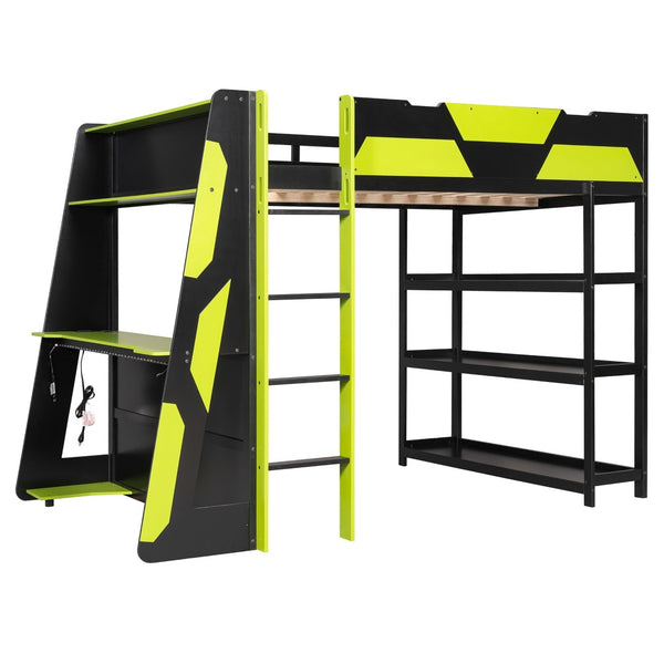 English Elm Full Size Gaming Loft Bed with Led Lighting Desk Shelves and Usb Charging Ports N820S00076F