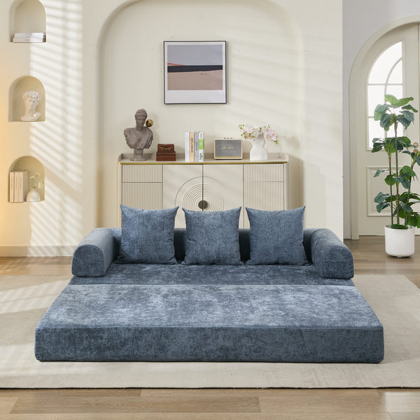 English Elm Comfy Convertible Folding Mattress Couch Sofa Bed with Chenille, Space-Saving Modular Lounge for Studio Blue W1143P330252