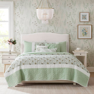 English Elm 6 Cotton Percale Quilt Set Full/Queen with 3 Decorative Pillows Breathable Printed Cotton Blend Comfort Sage Green 22.83 L x 17.72 W x 7.87 H B035P294113