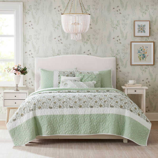 English Elm 6 Cotton Percale Quilt Set Full/Queen with 3 Decorative Pillows Breathable Printed Cotton Blend Comfort Sage Green 22.83 L x 17.72 W x 7.87 H B035P294113