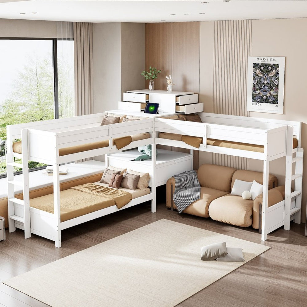 English Elm Twin L-shaped Bunk Bed Pine Wood Corner Design with Desk Drawers and Usb Charging White N820S00079K