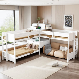 English Elm Twin L-shaped Bunk Bed Pine Wood Corner Design with Desk Drawers and Usb Charging White N820S00079K