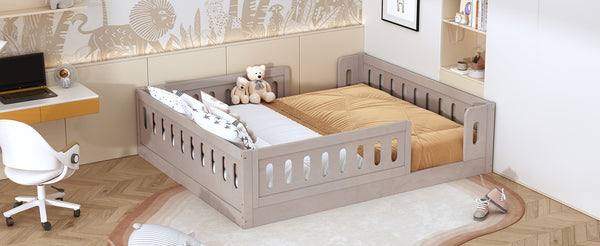 English Elm Wood Full Size Kids Platform Bed Solid Pine Guardrail Low Profile Safe Sleep Frame Natural N709P321458N