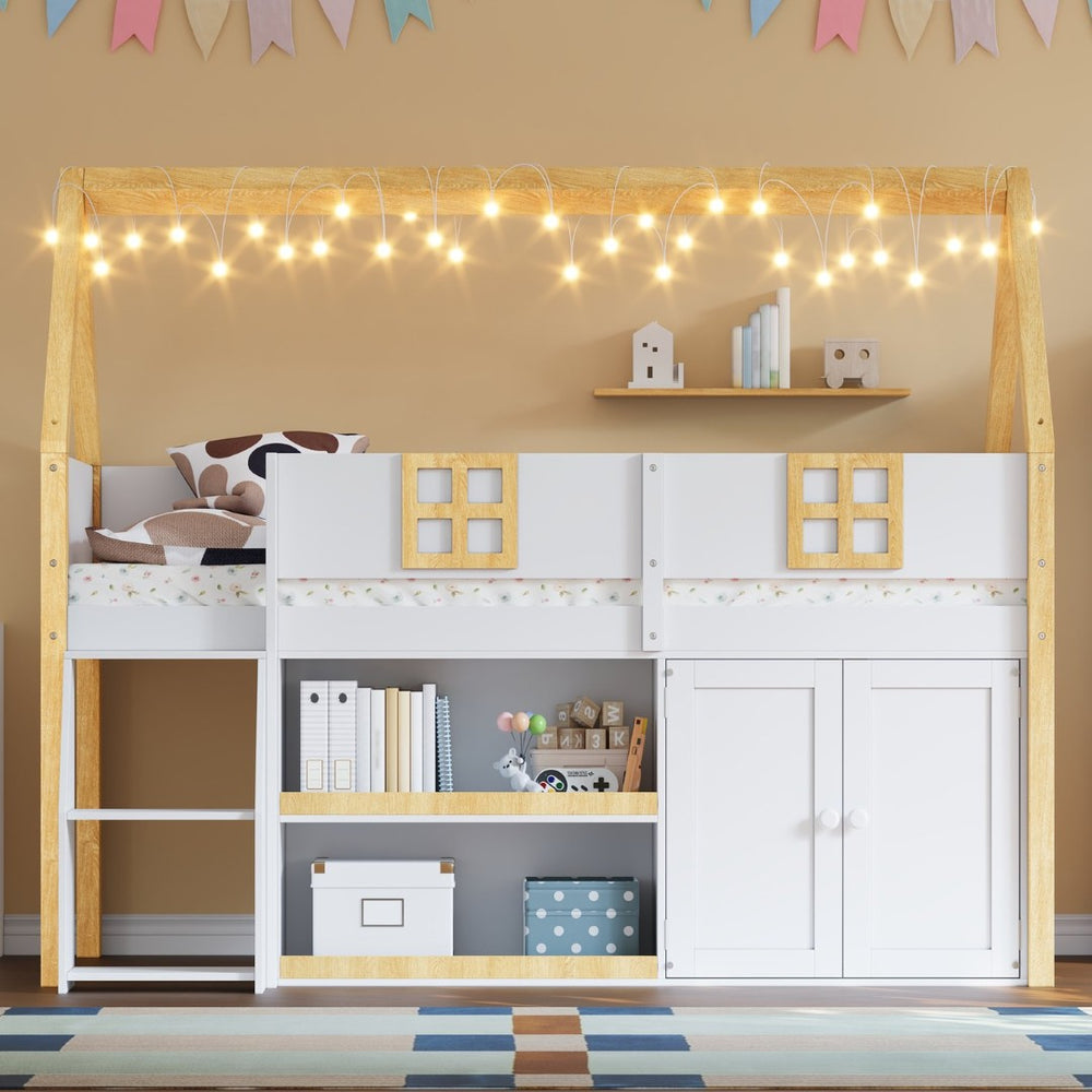 English Elm Twin-size Pine Low Loft Bed with House Canopy Step Stairs Storage Cabinet Led Lights N7090005032K