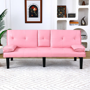 English Elm The 67-inch PVC multi-functional sofa bed with one-click fold, cup holders, sturdy wood frame for apartments Pink W3371P318142