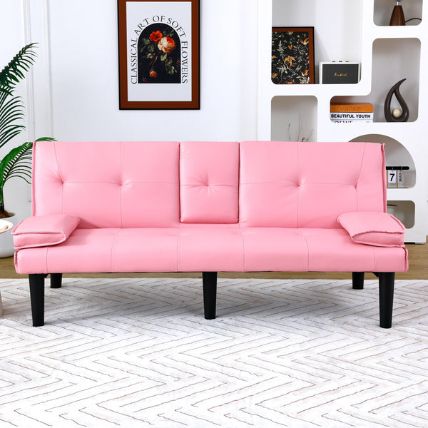 English Elm The 67-inch PVC multi-functional sofa bed with one-click fold, cup holders, sturdy wood frame for apartments Pink W3371P318142
