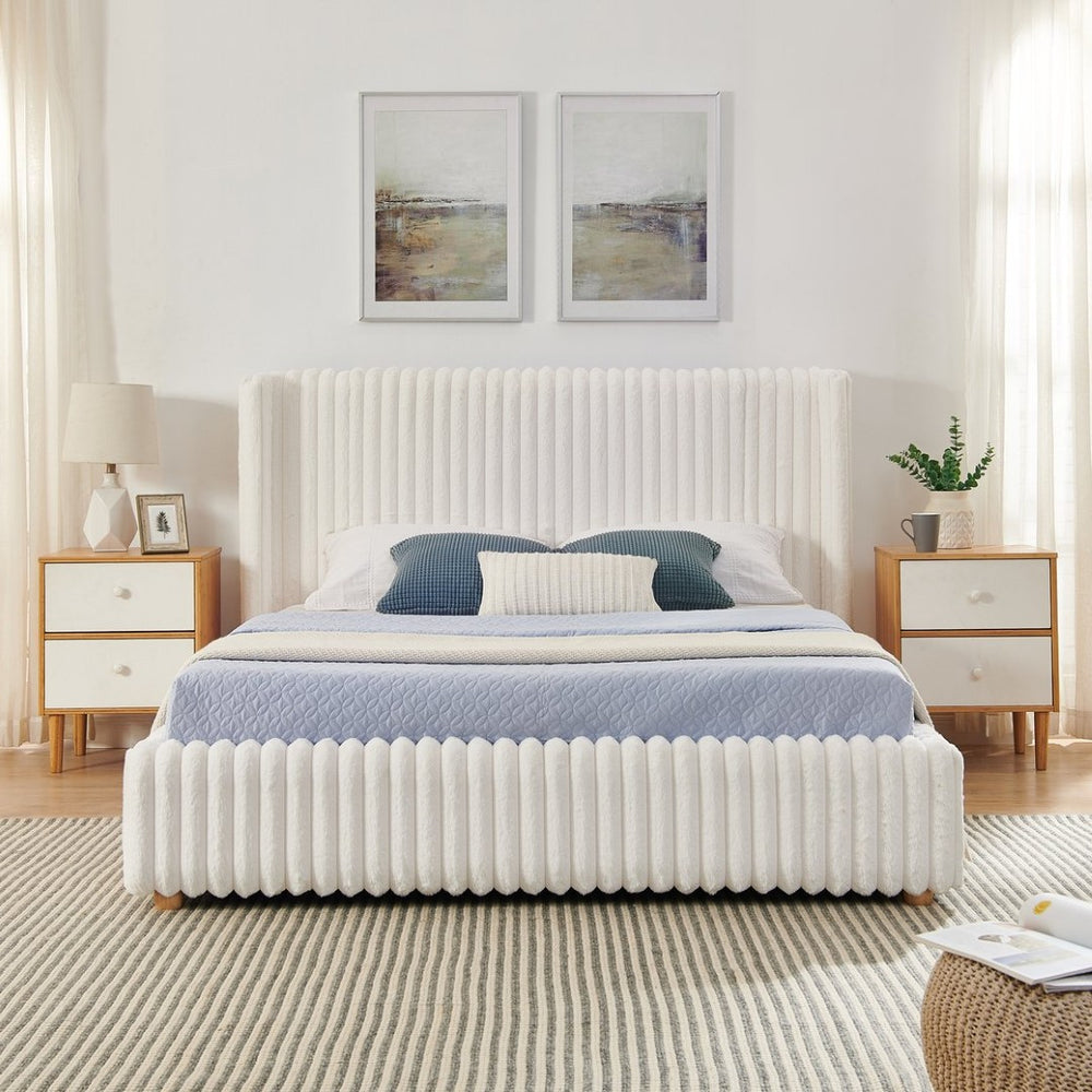 English Elm Queen Storage Bed Plush Ribbed Rabbit Fur Upholstery Gas Lift Platform Modern Luxury W1413S00181