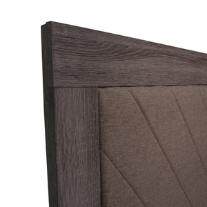 English Elm QUEEN Dark Gray Oak Bed with Rustic Accents — Upholstered 2-Tone Brown Fabric Headboard, 57"H B089113028