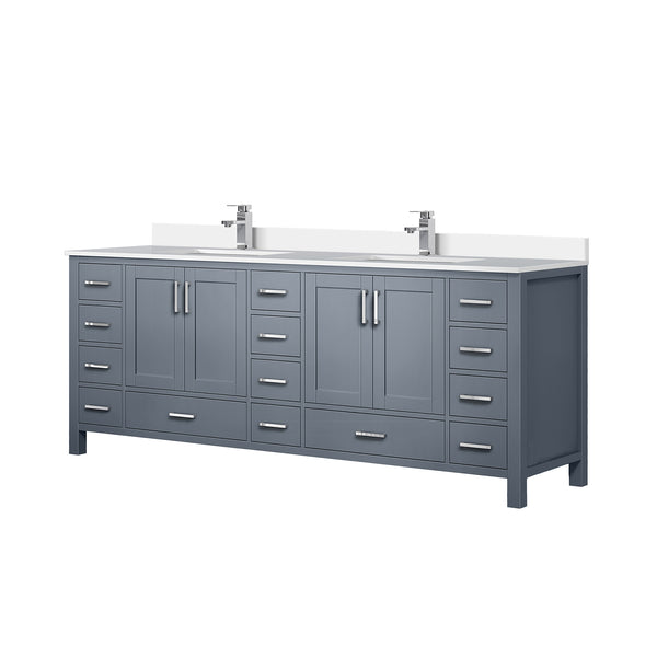 English Elm Dark Grey 84" Double Bath Vanity with White Quartz Top, 14 Drawers, Soft-Close, Chrome Faucet Set B2731P259153