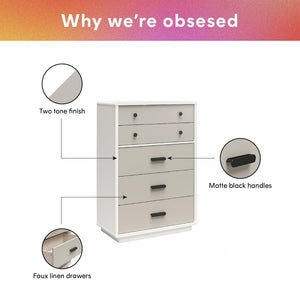 English Elm 5-drawer Tall Dresser with Matte Black Handles Two-toned Finish for Urban Bedroom B2733P444489