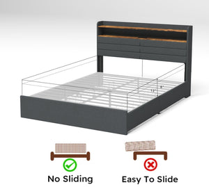 English Elm Queen Upholstered Bed Frame with 4 Drawers, LED Smart Music Headboard, USB Charging, Noise-Free Design W2129P269873