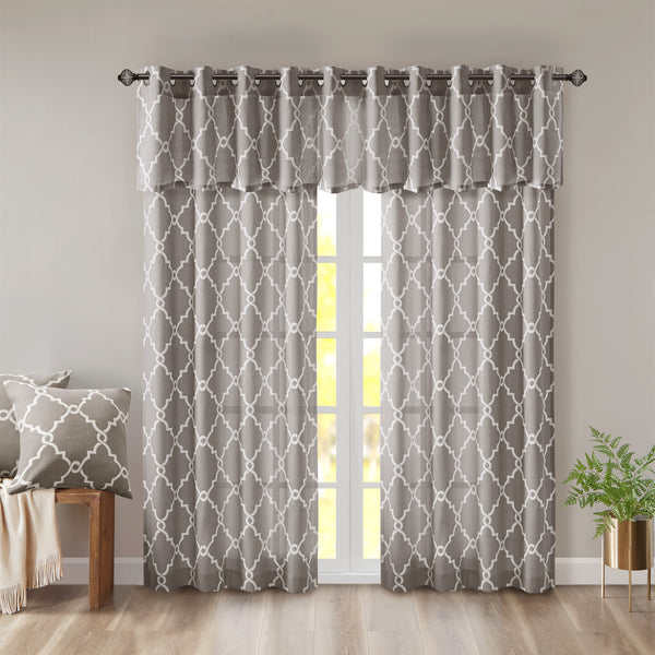 JLA Home Madison Park - Fretwork Metallic Fretwork Curtain Panel with Cotton-Blend Basket Weave, Gunmetal Grommet Top Drapery Grey/White MP40-1282